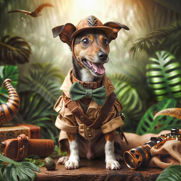 Ilustración de un perro aventurero en la selva