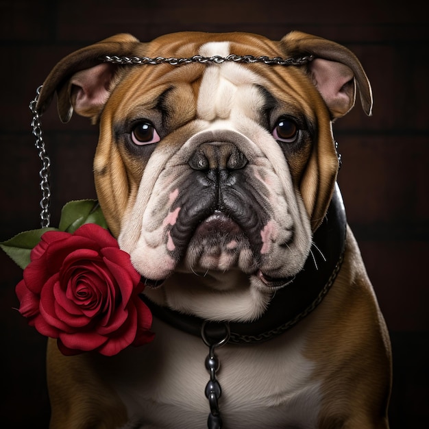 Ilustración del perro bulldog de San Valentín con una rosa en la boca como mugsh