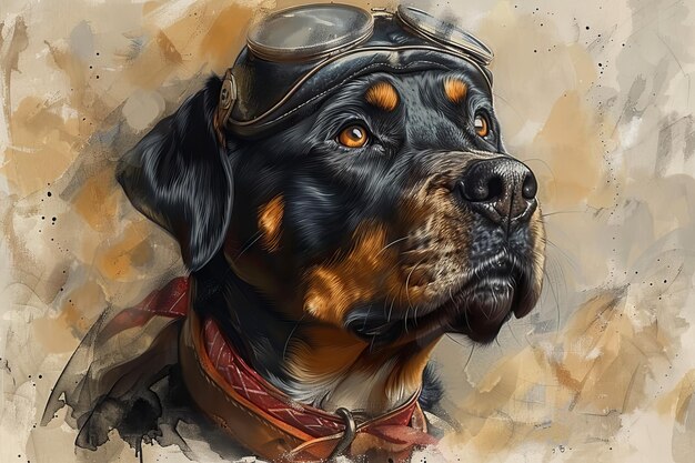 Ilustración de un perro con un casco de motociclista retro y un pañuelo con imágenes de cráneos