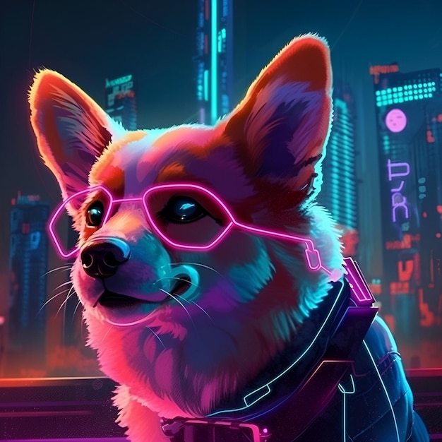 Ilustración de un perro corgi con gafas de neón en una atmósfera de ciencia ficción futurista Contenido generado por IA