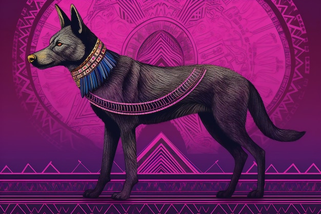 Ilustración de un perro en estilo étnico sobre un fondo morado