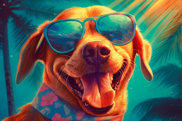 Foto ilustración de un perro feliz con gafas de sol una pancarta divertida de vacaciones de verano