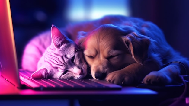 Ilustración de un perro y un gato durmiendo en una computadora portátil