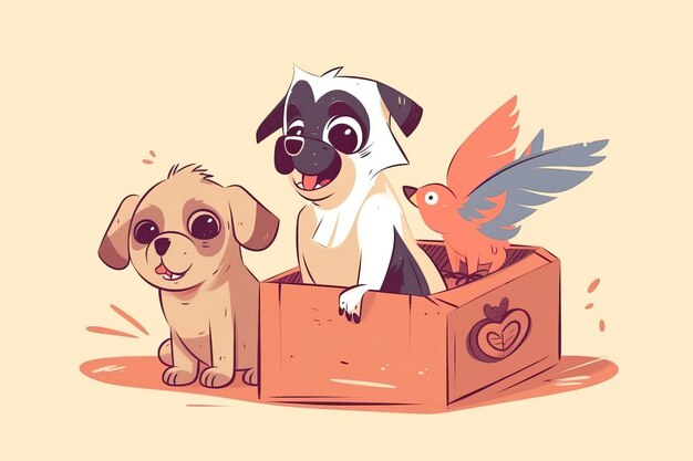 Foto ilustración de perro gato loro con caja de cartón