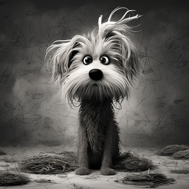 una ilustración de un perro con el pelo desordenado