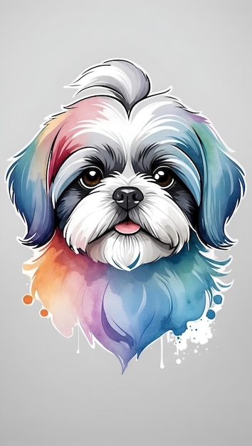 Foto ilustración de un perro shih tzu colorido en acuarela sobre un fondo blanco