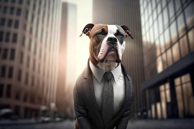Ilustración de un perro toro que lleva un traje de negocios para un concepto creativo del mercado de valores Generative Ai