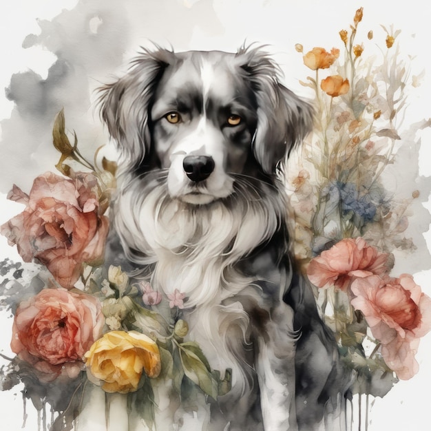 Ilustración de perros y flores creadas con software de IA generativa