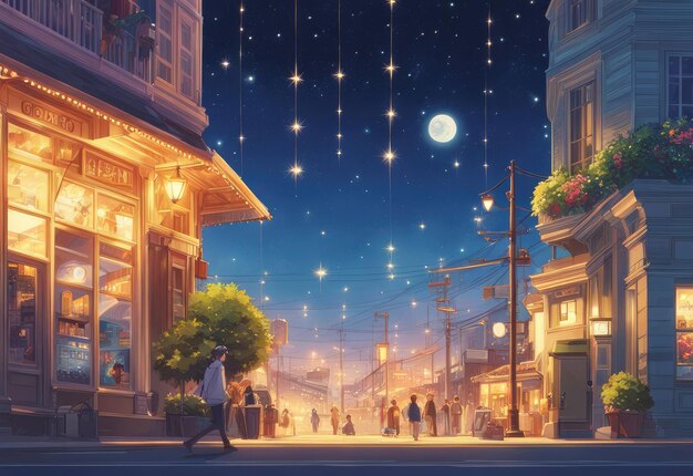 Ilustración de una persona y el brillo de las estrellas grandes y pequeñas en estilo anime y dibujos animados