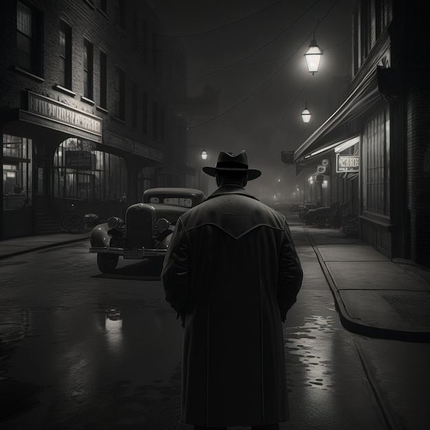 ilustración de una persona caminando en una ciudad 30s noire atmósfera generativa ai