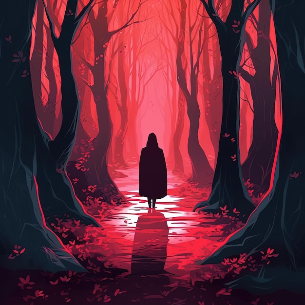 una ilustración de una persona con una capa en un bosque en el estilo de composiciones oscuras