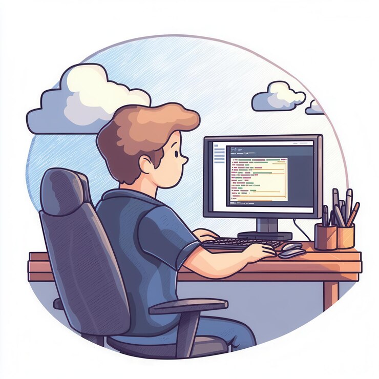 Foto una ilustración de una persona centrada en la codificación en un escritorio de computadora rodeada de un cielo pacífico perfecto para temas relacionados con la tecnología