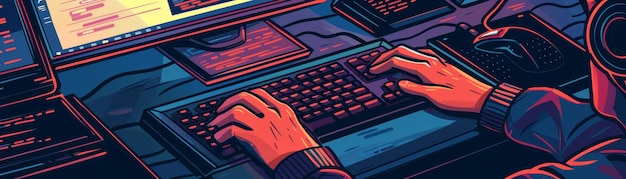 Ilustración de una persona codificando en una computadora con colores vibrantes y configuración tecnológica que captura la esencia