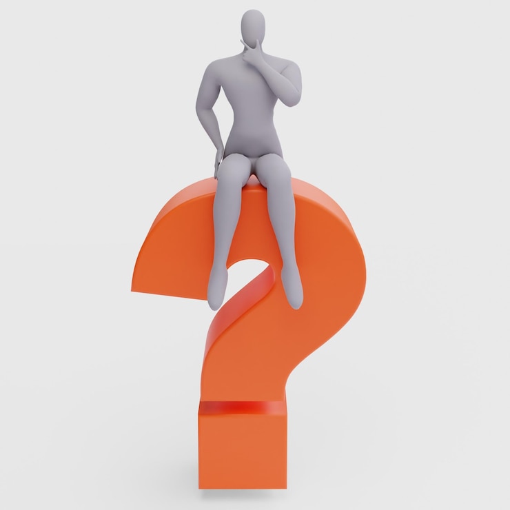 Foto ilustración de una persona confundida con un gran signo de interrogación representación 3d del carácter de personas humanas