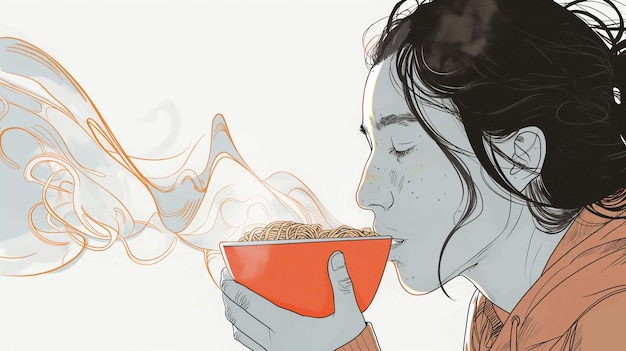 Ilustración de una persona disfrutando del aroma de un cuenco humeante de fideos con los ojos cerrados de satisfacción