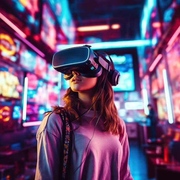 Ilustración de una persona que usa un casco de realidad virtual VR creado como una obra de arte generativa utilizando IA