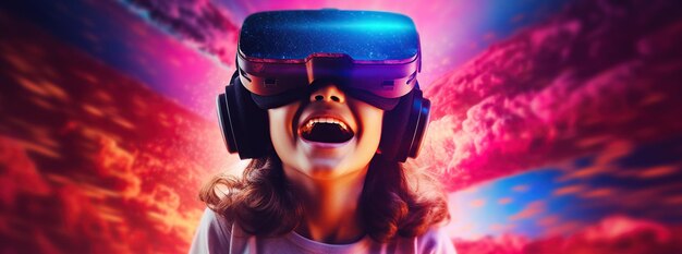 Ilustración de una persona que usa un casco de realidad virtual VR creado como una obra de arte generativa utilizando IA