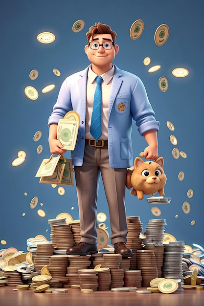 Ilustración de personaje 3d de dinero de ahorro de ingresos