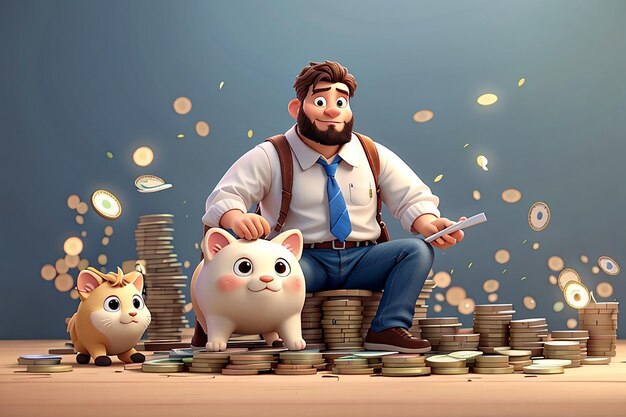 Ilustración de personaje 3d de dinero de ahorro de ingresos