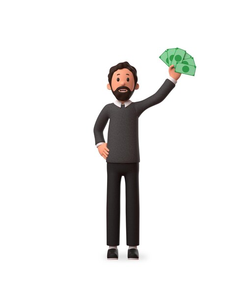 Foto ilustración de personaje 3d de un hombre de negocios levantó la mano sosteniendo dinero con fondo blanco