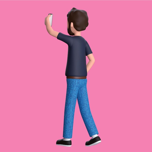 Foto ilustración de personaje 3d de un hombre sosteniendo un teléfono con fondo rosa