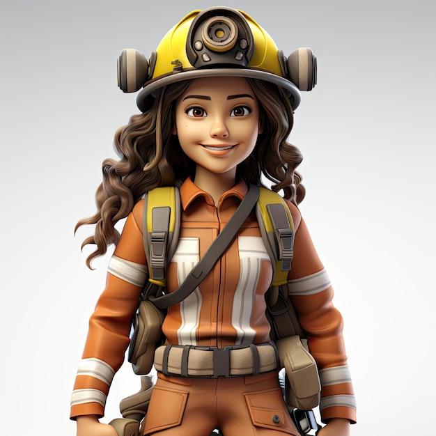 Ilustración de un personaje de bomberos de dibujos animados femenino amistoso agitando en todo su engranaje