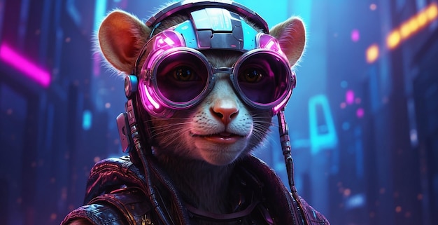 Foto ilustración de personaje de cara de mono en estilo cyberpunk en un fondo futurista