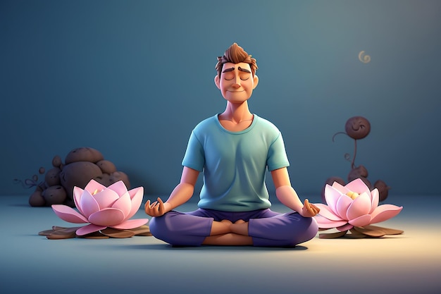 Ilustración de un personaje de dibujos animados en 3D de un hombre meditando sentado en el suelo en posición de loto de yoga