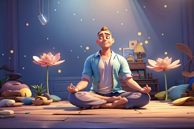 Ilustración de un personaje de dibujos animados en 3D de un hombre meditando sentado en el suelo en posición de loto de yoga