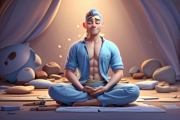 Ilustración de un personaje de dibujos animados en 3D de un hombre meditando sentado en el suelo en posición de loto de yoga