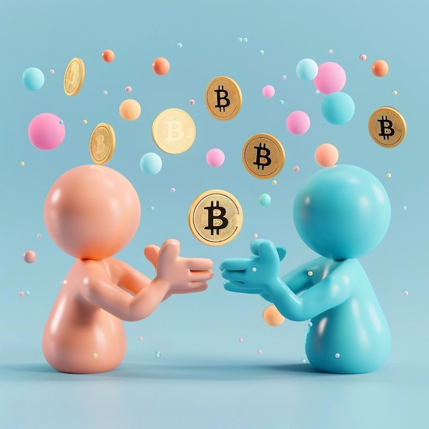 Foto ilustración de personaje de dibujos animados en 3d de un hombre de negocios con monedas de oro de bitcoin en un fondo azul claro