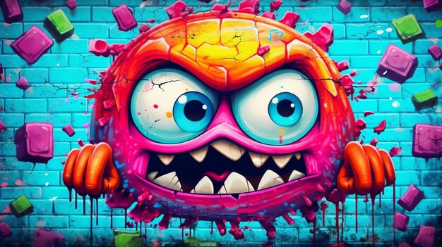 Foto ilustración de un personaje de dibujos animados enojado como pintura de graffiti