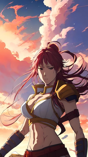 Ilustración de personaje de guerrera de anime y las nubes en el fondo