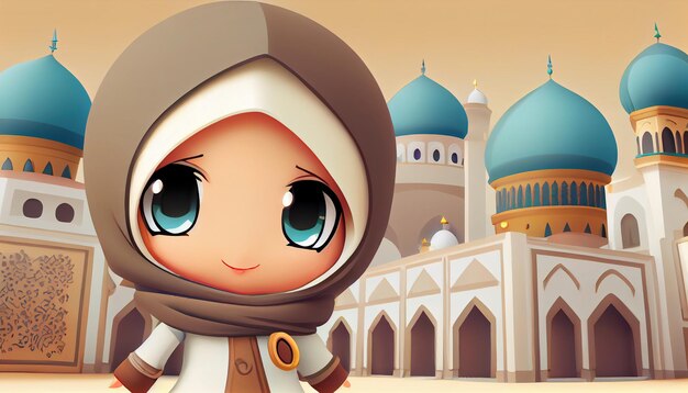 Ilustración personaje hijab niña y mezquita