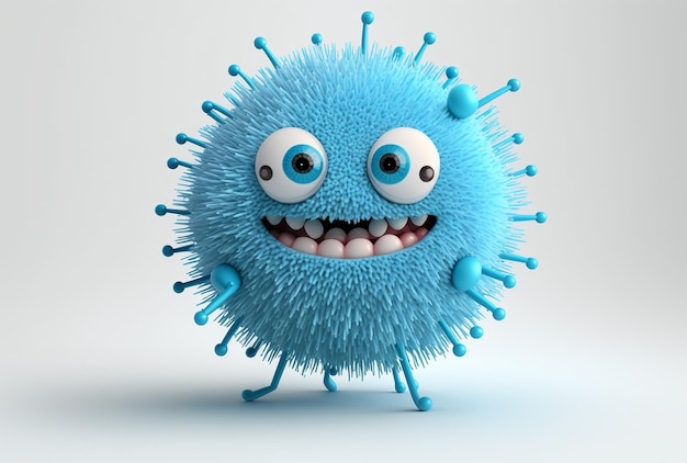 Ilustración del personaje de virus azul divertido con cara feliz aislado en blanco IA generativa