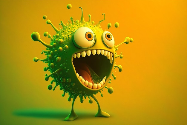 Ilustración del personaje de virus verde divertido con cara feliz aislado en amarillo IA generativa