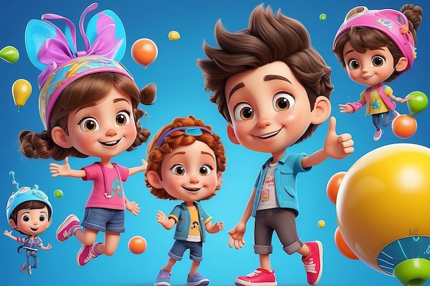 Ilustración de personajes animados en 3D para niños