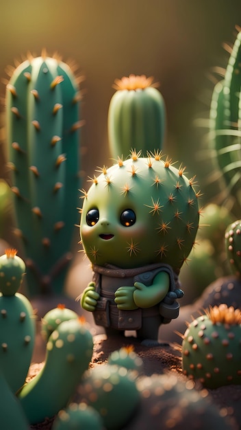 Ilustración de personajes de dibujos animados de cactus en 3D