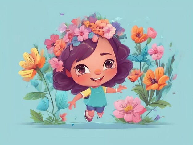 Ilustración de personajes de dibujos animados con flores