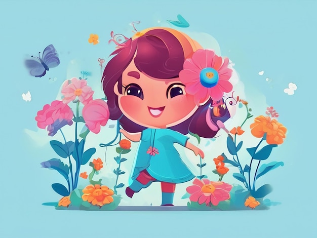 Ilustración de personajes de dibujos animados con flores