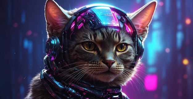 Foto ilustración de personajes de gatos en estilo cyberpunk en un fondo futurista