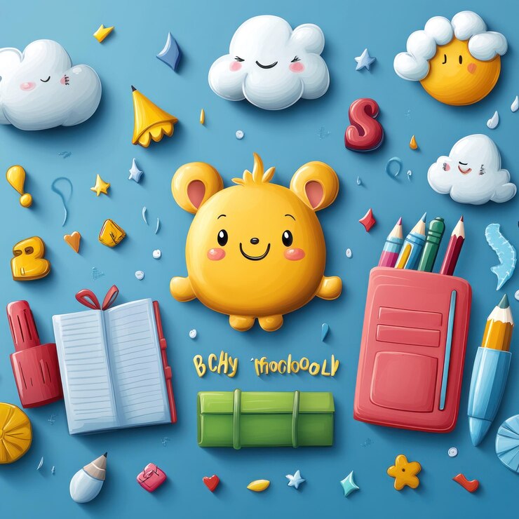 Foto ilustración de personajes de osos con materiales escolares coloridos