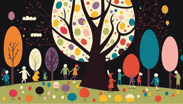Una ilustración de personas caminando bajo un árbol con huevos coloridos.