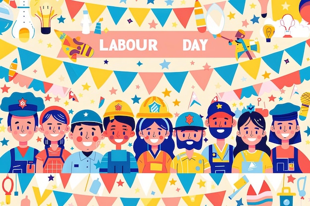 Ilustración de personas de diferentes profesiones con una pancarta HAPPY LABOUR DAY texto diferentes trabajadores estilo de dibujos animados de diseño plano