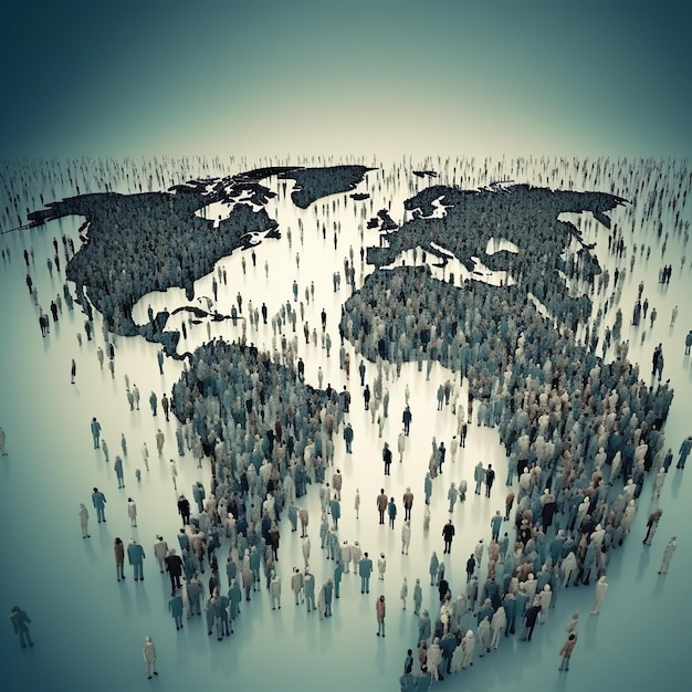 Ilustración de personas diversas o grupos de personas en forma de mapa mundial generado por ai