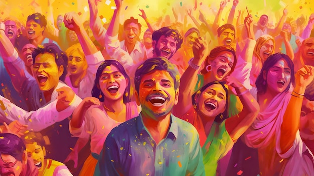 Ilustración de personas indias celebrando el festival de Holi felicidad polvo colorido en el fondo