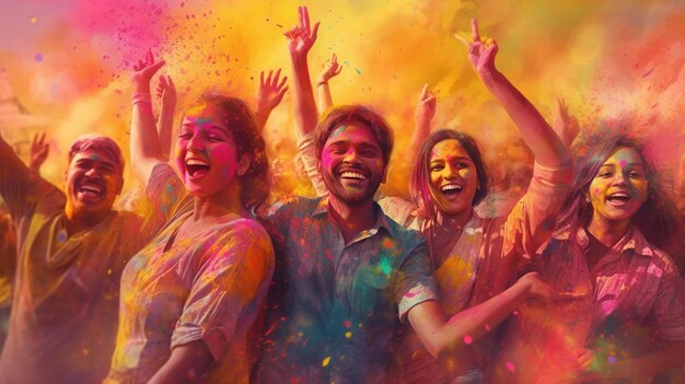 Ilustración de personas indias celebrando el festival de Holi felicidad polvo colorido en el fondo