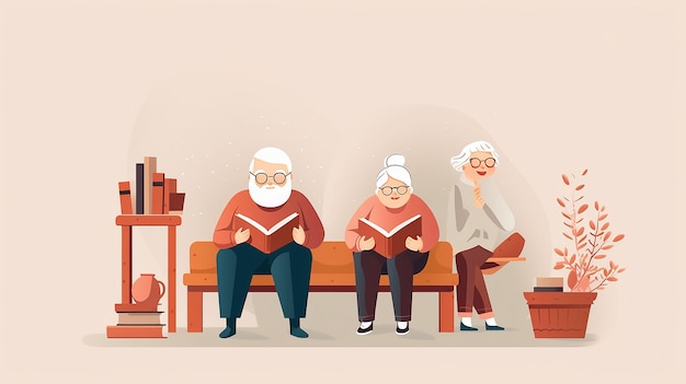 una ilustración de personas mayores leyendo un libro por persona