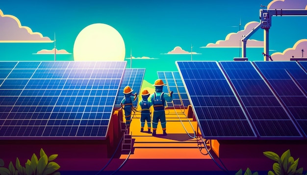 Foto una ilustración de personas trabajando en paneles solares ia generativa