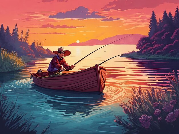 Ilustración de la pesca en el río